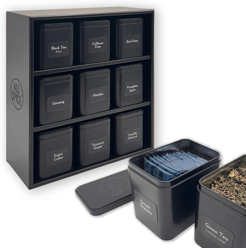 AllSpice Tea Organizer Rack with 9 Tins & 160 Magnetic Labels – Perfect for Bagged & Loose Leaf Tea Organization - Black - Image 1